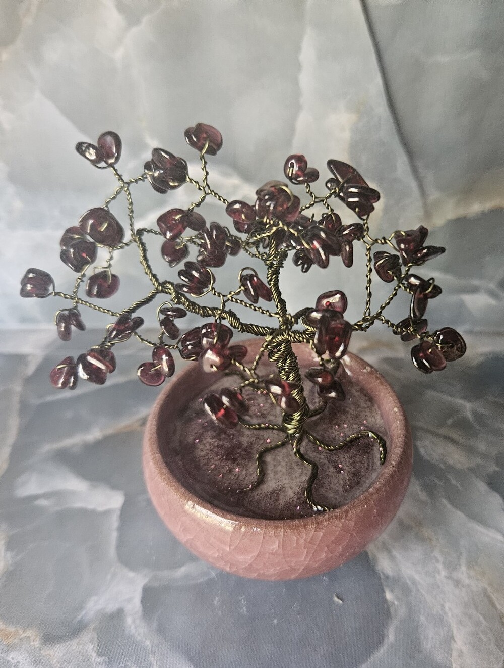 Handcrafted Garnet Gemstone And Wire Tree in Pink Ceramic Pot